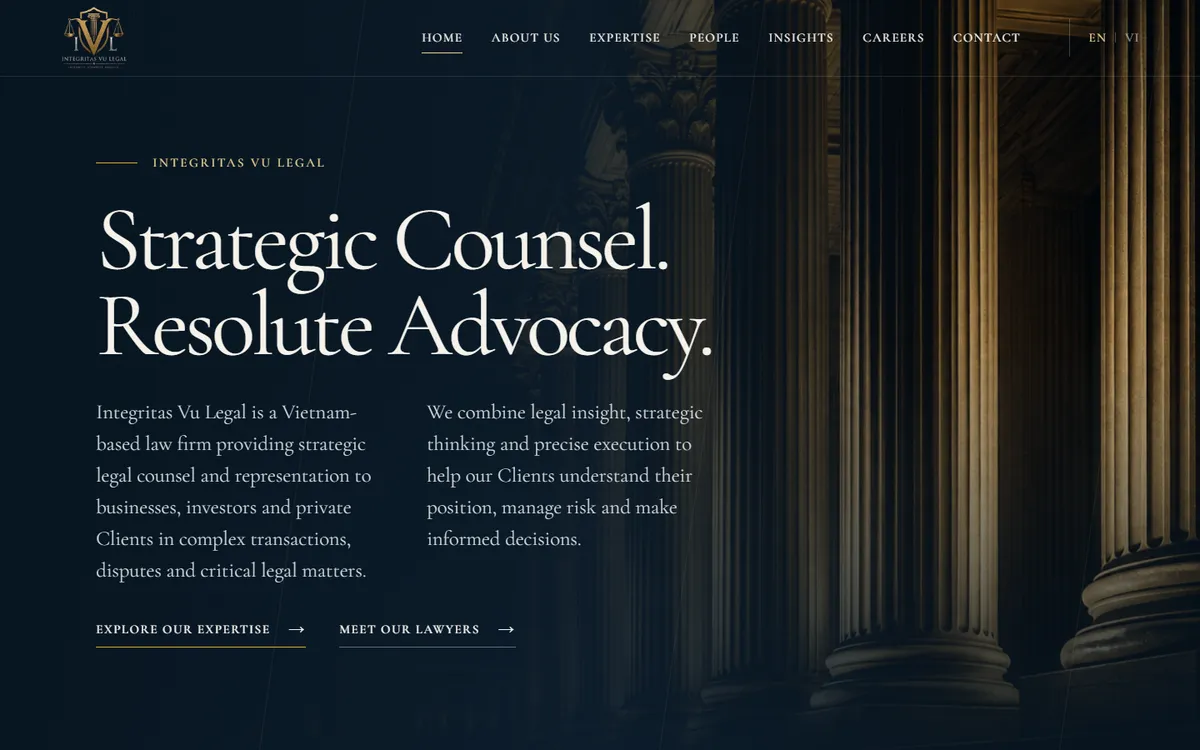 Ảnh chụp trang chủ website Integritas Vu Legal